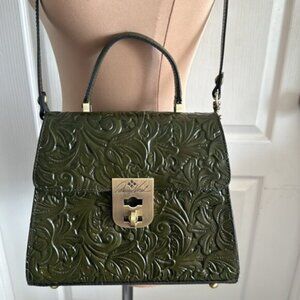 Patricia Nash BRNTL Leather Tooled Chauny Soft Olive Green Crossbody Top Handle